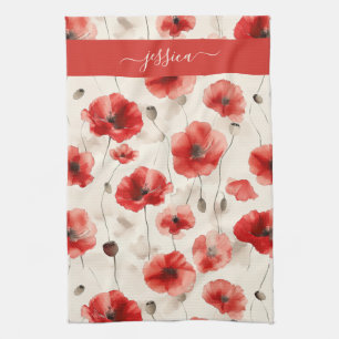 Chic red poppies script name  tea towel