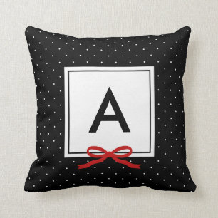 Chic Red Ribbon Black Polka Dot Pattern Monogram Cushion