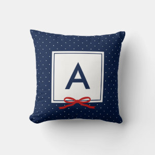 Chic Red Ribbon Blue Polka Dot Pattern Monogram Cushion
