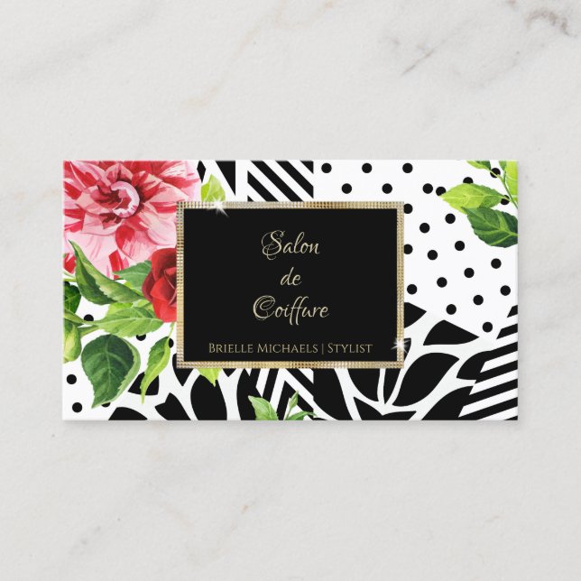 Chic Red Rose Black Geometric Gold Frame Salon Business Card (Front)
