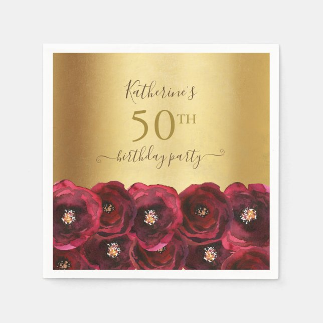 Chic Red Rose Floral Gold 50th Birthday Party Napkin (Front)