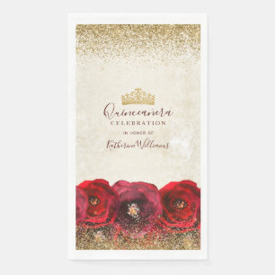 Chic Red Rose Floral Gold Crown Quinceañera Napkin
