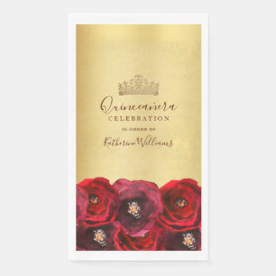 Chic Red Rose Floral Gold Crown Quinceañera Napkin