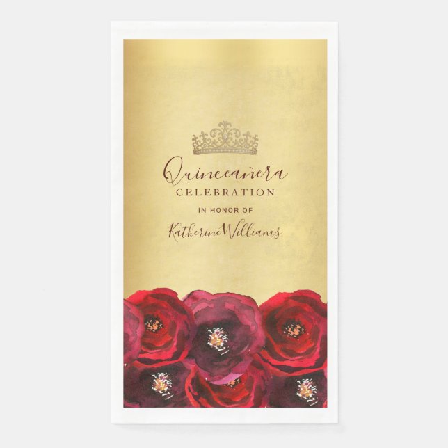Chic Red Rose Floral Gold Crown Quinceañera Napkin (Front)