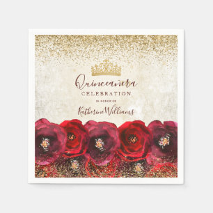 Chic Red Rose Floral Gold Crown Quinceañera Napkin