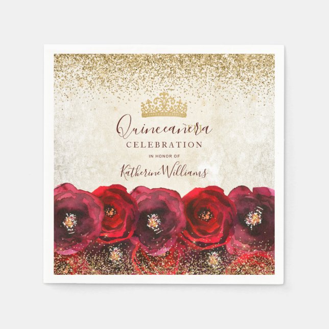 Chic Red Rose Floral Gold Crown Quinceañera Napkin (Front)