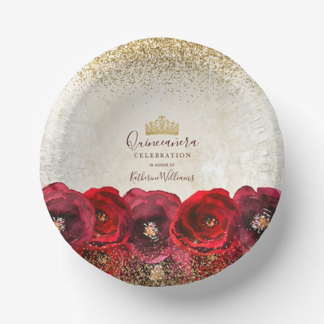  Chic Red Rose Floral Gold Crown Quinceañera Paper Plate (Front)
