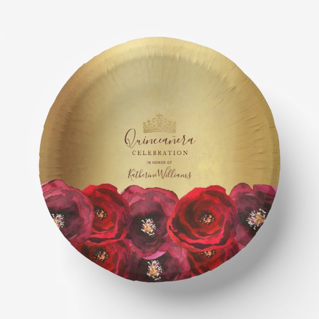 Chic Red Rose Floral Gold Crown Quinceañera Paper Plate (Front)