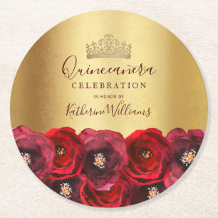 Chic Red Rose Floral Gold Crown Quinceañera Round Paper Coaster