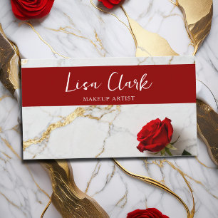 Chic Red Rose Marble Gold Makeup Artist Beauty Business Card