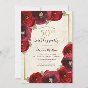 Chic Red Rose Watercolor Floral Gold 50th Birthday Invitation