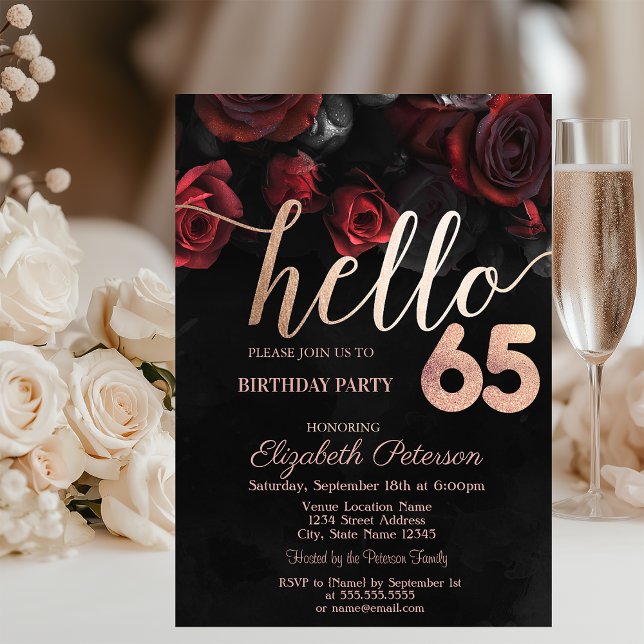 Chic Red Roses Black 65th Birthday Party Invitation (Creator Uploaded)