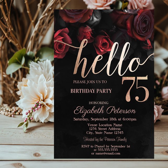 Chic Red Roses Black 75th Birthday Party Invitation (Creator Uploaded)