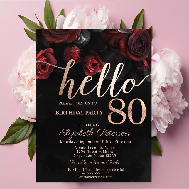 Chic Red Roses Black 80th Birthday Party Invitation (Creator Uploaded)