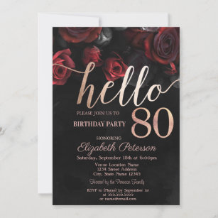 Chic Red Roses Black 80th Birthday Party Invitation