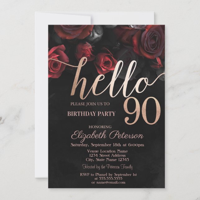 Chic Red Roses Black 90th Birthday Party Invitation (Front)