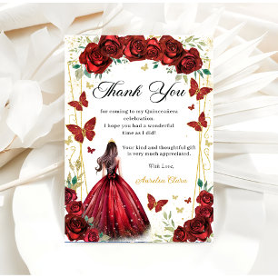 Chic Red Roses Floral Butterflies Quinceañera Thank You Card