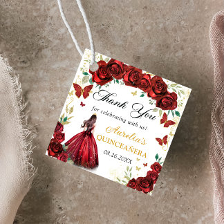 Chic Red Roses Floral Quinceañera Princess Favour Tags