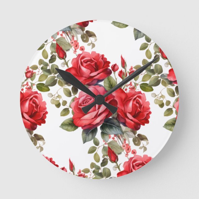 Chic Red Roses Flowers Floral Clock (Front)