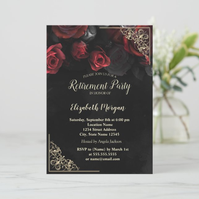 Chic Red Roses Gold Floral Frame Retirement  Invitation (Standing Front)