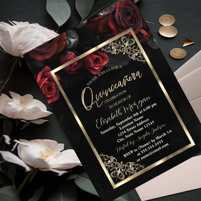 Chic Red Roses Gold Frame Black  Quinceañera Invitation (Creator Uploaded)