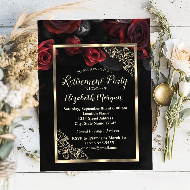 Chic Red Roses Gold Frame Black Retirement Party  Invitation (Creator Uploaded)
