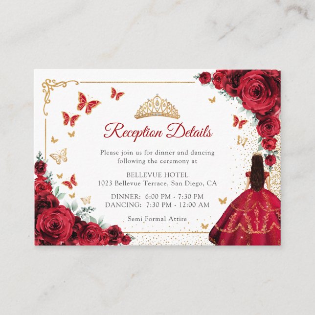 Chic Red Roses Gold Quinceanera Reception Details Enclosure Card (Front)