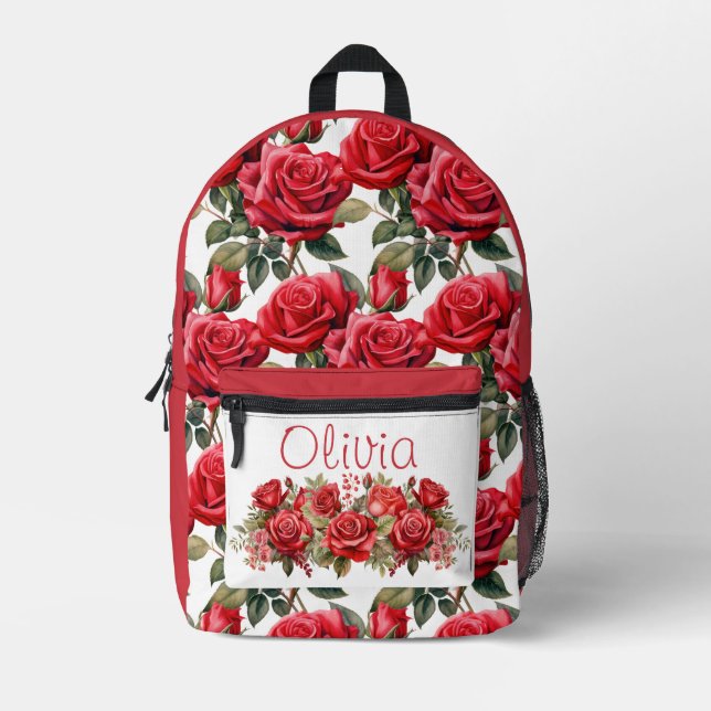 Chic Red Roses Printed Backpack (Front)