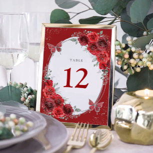Chic Red Roses Silver Floral Butterfly Quinceanera Table Number