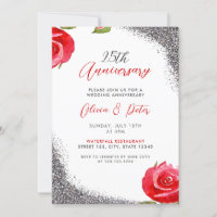 Chic Red & Silver Glitter 25th Wedding Anniversary