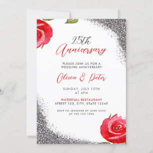 Chic Red & Silver Glitter 25th Wedding Anniversary Invitation