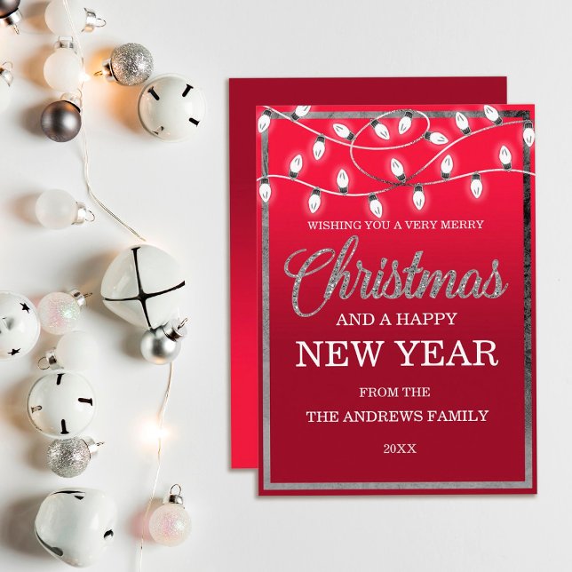Chic Red Silver Hanging Lights Glitter Christmas Holiday Card (Creator Uploaded)