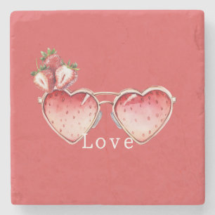Chic Red Strawberry Heart Colored Glasses Stone Coaster