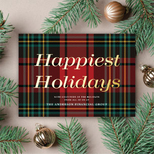 Chic Red Tartan Non-Photo Business Corporate Gold Foil Holiday Card