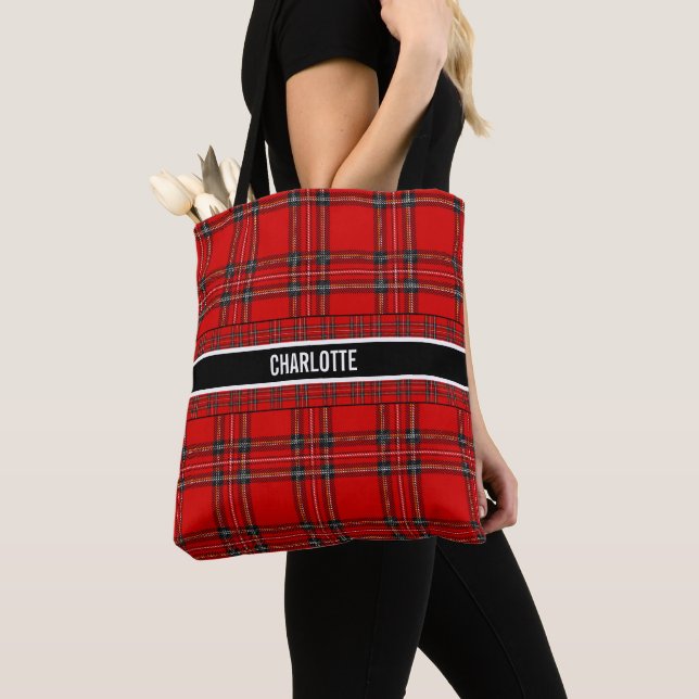 Chic red tartan plaid name  tote bag (Close Up)