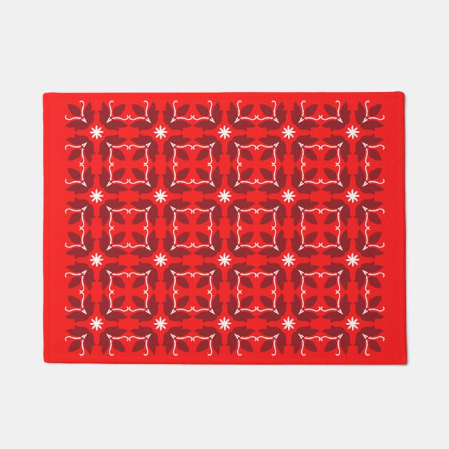 Chic Red Tile Flowers Pattern Small Door Mat (Front)