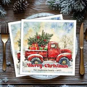 Chic red truck Christmas scene holiday napkins set