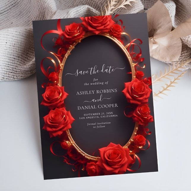 Chic Red Turkish Roses golden Frame Save The Date Invitation (Creator Uploaded)