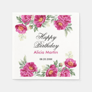 Chic Red Violet Peony Floral Greenery Birthday  Napkin