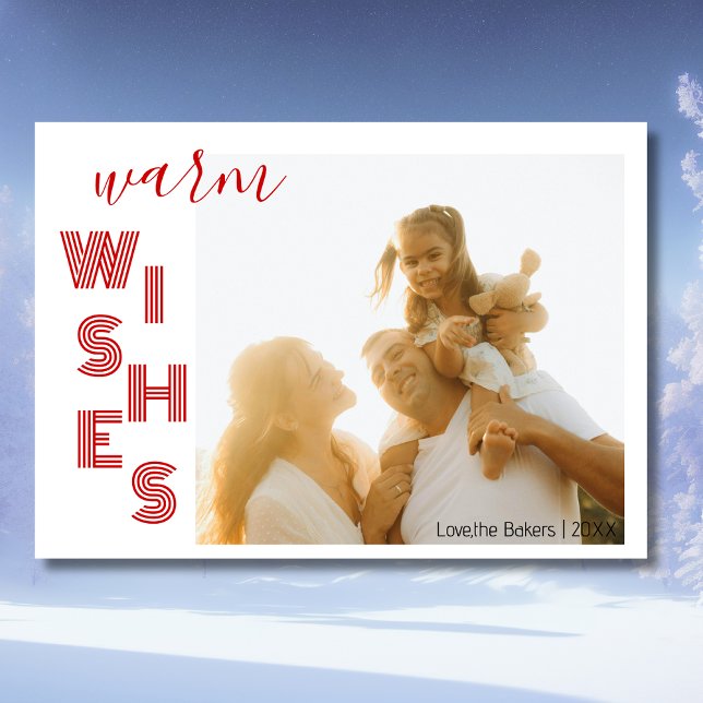 Chic Red Warm Wishes Two Beach Family Photo  Holiday Card (Creator Uploaded)