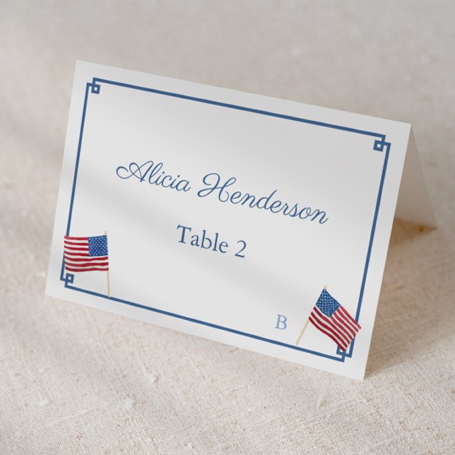 Chic Red White Blue USA Flag Wedding Place Card (Patriotic individual place cards, buffet cards or food tents with navy blue greek key and usa flags)