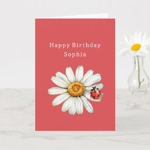 Chic Red White Daisy Flower Ladybug Birthday Card