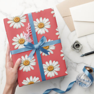 Chic Red White Daisy Flowers Birthday Wrapping Paper