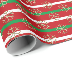 Chic red white green gold stripes & snowflakes  wrapping paper