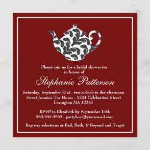 Chic Red & White w Damask Bridal Shower Tea Party Invitation