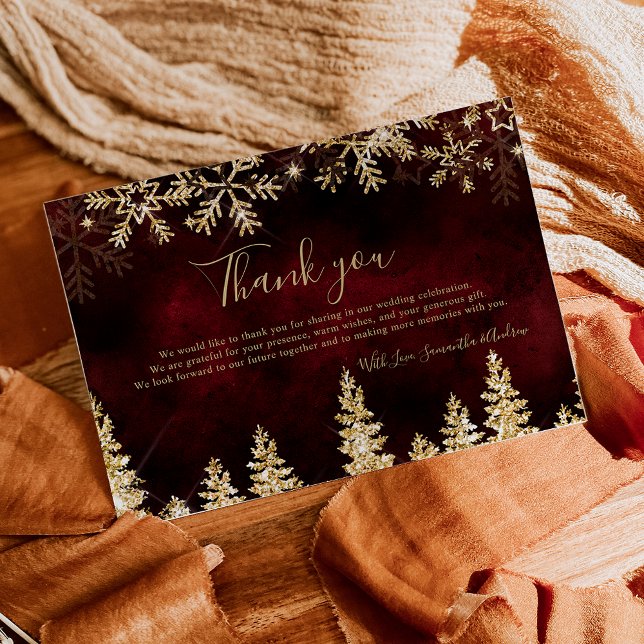Chic red Winter gold snow pine wedding Thank You Card (Chic red Winter gold snow pine wedding Thank You Card)