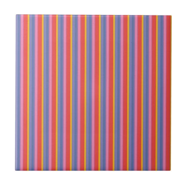 Chic Red, Yellow, Pink, Blue Stripe Ceramic Tile (Front)