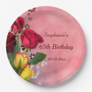 Chic Red & Yellow Roses 65th Birthday Paper Plate
