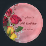 Chic Red & Yellow Roses 80th Birthday Paper Plate<br><div class="desc">Stylish, custom, elegant 80th Birthday Party paper plates for women and girls. Stylish and glamourous personalised / personalised 80th Birthday Party paper plates for your special day . With 3 beautiful half opened red roses and 2 yellow roses bouquet arrangement photography with glitzy beads and flowers images printed on a...</div>