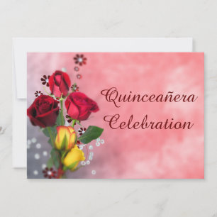 Chic Red & Yellow Roses Quinceañera Celebration Invitation